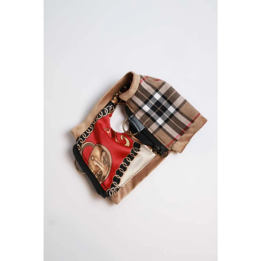 A stylish patchwork handbag with red silk and gold chains over beige suede and burberry check ideal for obwód klatki piersiowej measurement