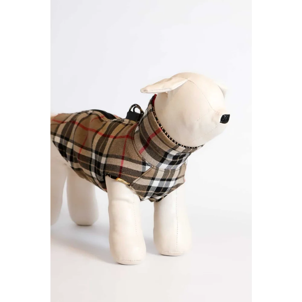 Brown black and white plaid reversible dog coat with collar neckline wool and silk ideal for obwód klatki piersiowej and obwód szyi measurement