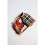 A stylish patchwork handbag with red silk gold chain panel black trim beige suede and burberry check fabric