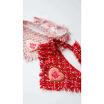 Red frayed tweed dog bandana chusta true love with pink heart patch true love coco in rosa color