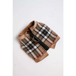 Tan and black plaid dog coat with beige suede trim and gold-toned zipper pull for adjustable obwód klatki piersiowej