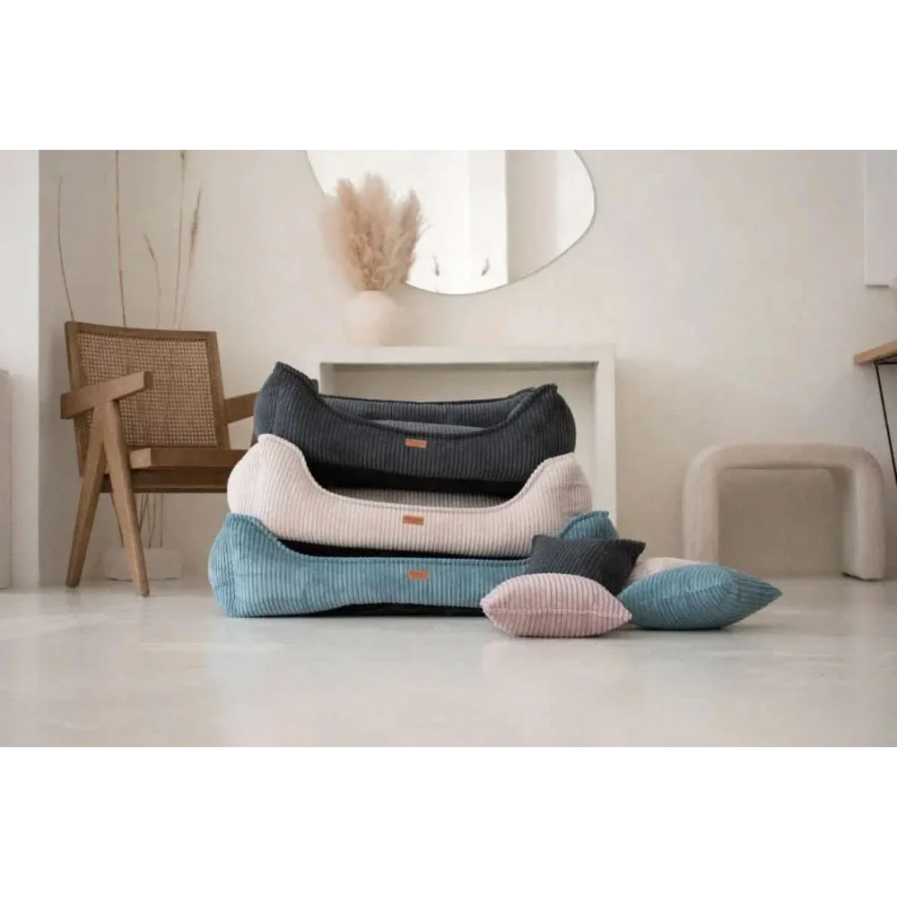 Stacked legowisko milano navy corduroy pet beds in soft gray cream and teal with matching accent pillows
