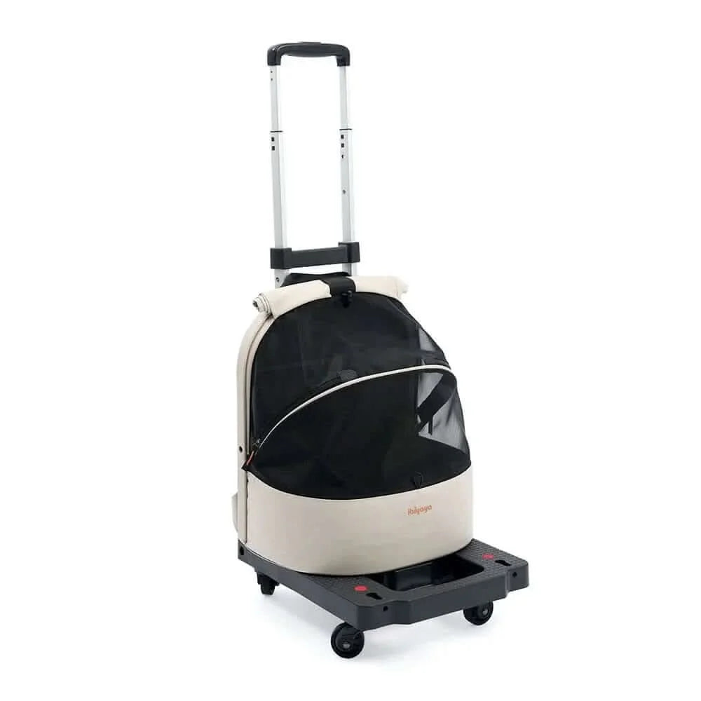 Beige and black plecak panorama buttermilk pet carrier with panoramiczne otwarcie 90° and lekka aluminiowa rama on wheels