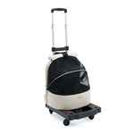 Beige and black plecak panorama buttermilk pet carrier with panoramiczne otwarcie 90° and lekka aluminiowa rama on wheels