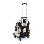 Beige and black plecak panorama buttermilk pet carrier with panoramiczne otwarcie 90° and lekka aluminiowa rama on wheeled cart