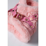 Pink faux fur lined boot with pink leather straps and gold tone hardware shown alongside zestaw 2w1 dla psa with obwód klatki and obwód szyi measurements